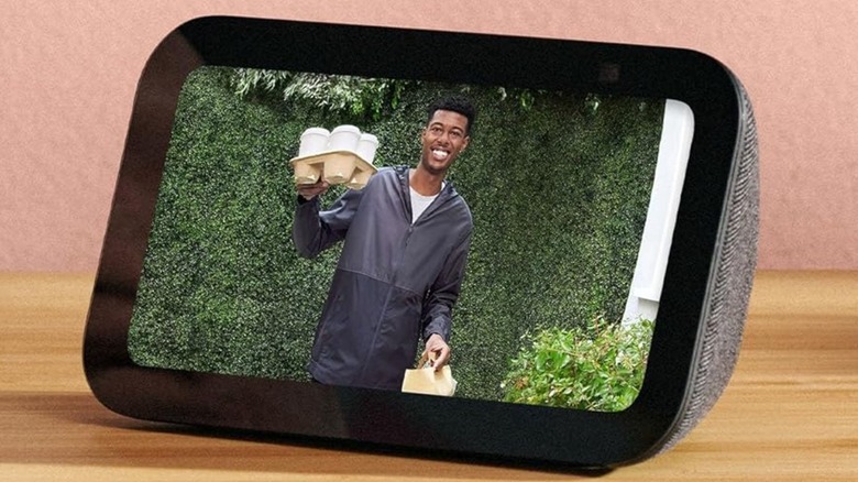An Amazon Echo Show 5 smart display showing doorbell camera footage.