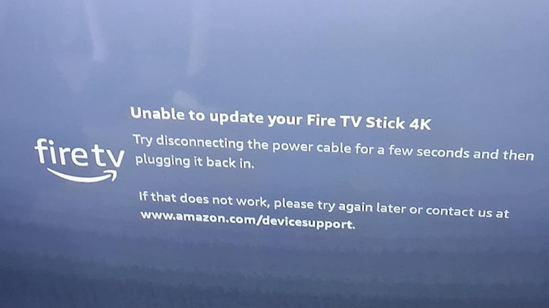 A screenshot showing an error message on Fire TV. It has the Fire TV logo beside a message that says the system was unable to update, and tells the user to disconnect the power cable for a bit