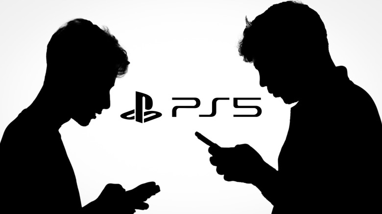 Two black silhouettes holding a phone infront of the PS5 logo