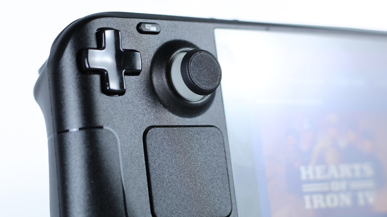 Close-up of the left control stick on a Steam Deck.