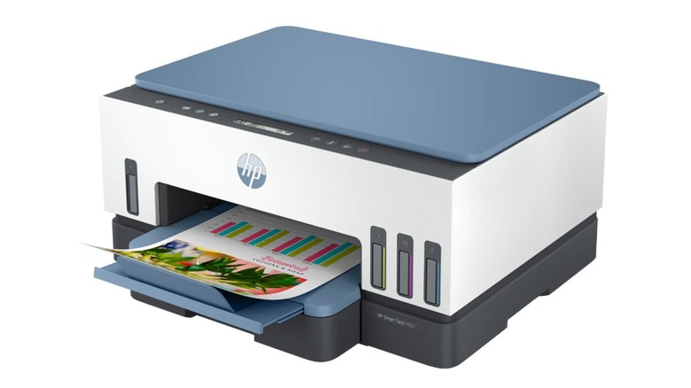 The HP Smart Tank 7002 Wireless All-in-One Cartridge-Free Color Ink Printer printing a page, on a white background.