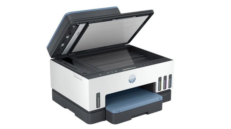 The HP Smart Tank 7302 Wireless All-in-One Printer with its flatbed open, on a white background.