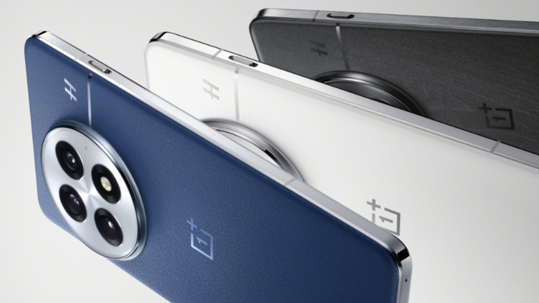 A product render of the OnePlus 13R in blue white and and grey colors