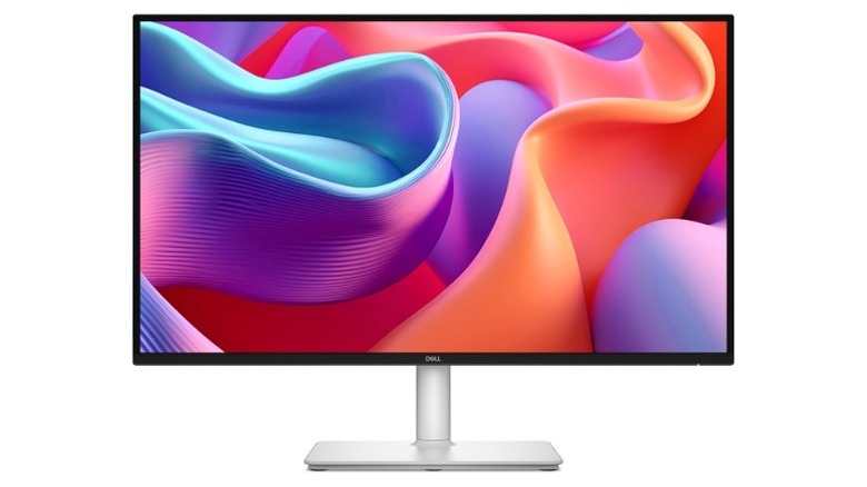 A silver Dell S2725DC monitor showing a colorful wallpaper against a white background