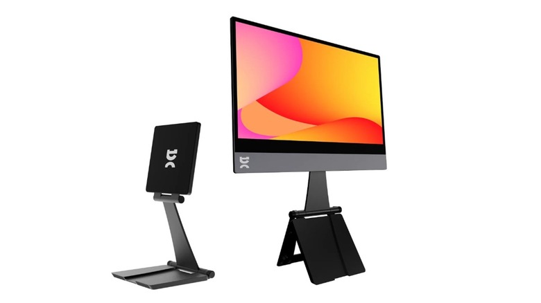 A dark gray Espresso Display 15 portable monitor with a magnetic Stand+ next to it, both against a white background