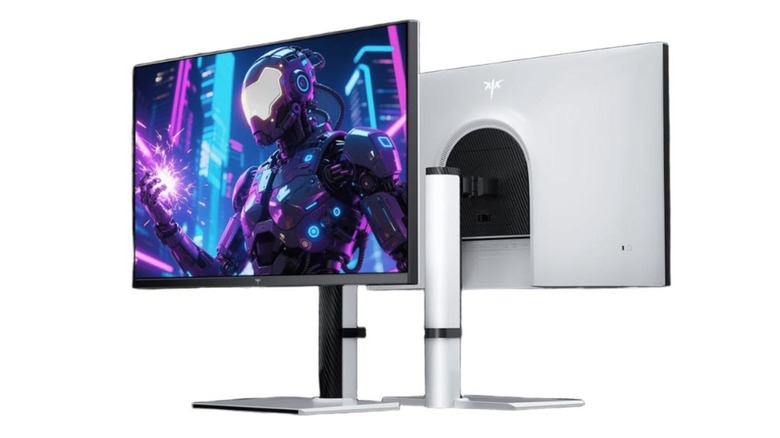 Two silver KTC M27P6 monitors side by side, one from the front and one from the rear, against a white background