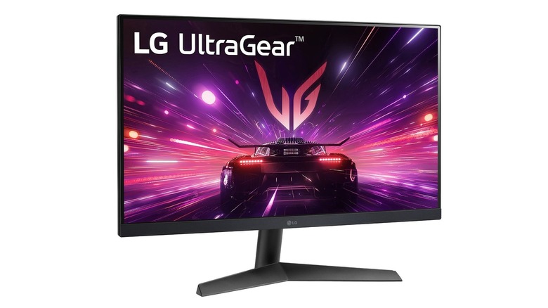 A black LG Ultragear 24GS60F-B gaming monitor with a car wallpaper set against a white background