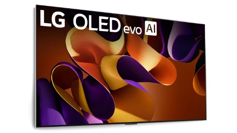 LG OLED TV with colorful abstract design on white background