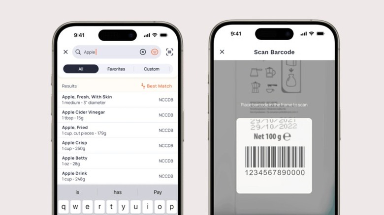 Screenshots of the Cronometer iPhone calorie tracking app showing the food database search feature and the barcode scanning feature.