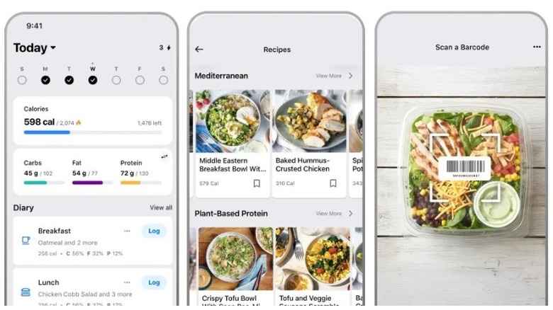 Screenshots of the MyFitnessPal iPhone app showing the main dashboard, recipes, and the scan barcode feature.