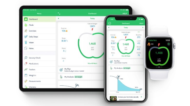 Screenshots of the MyNetDiary calorie counting app for the iPad, iPhone, and Apple Watch.