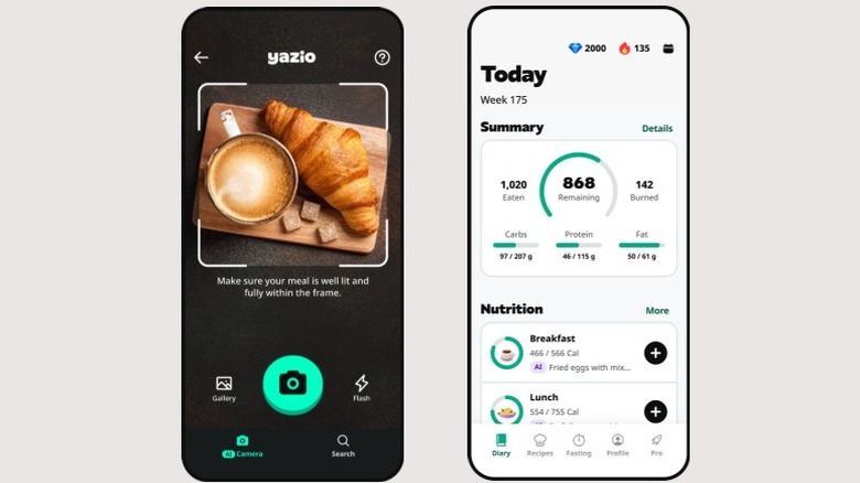 Screenshots of the Yazio calorie tracking app showing the home screen and the barcode scanning feature.