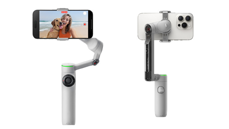 The front and back of the Insta360 Flow 2 Pro gimbal, with a phone connected to it, on a white background
