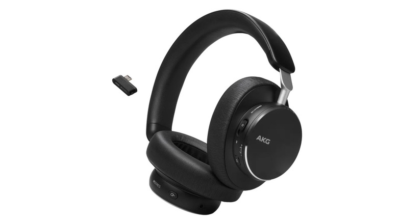 AKG N8 Hybrid headphones in black with dongle facing sideways on a white background