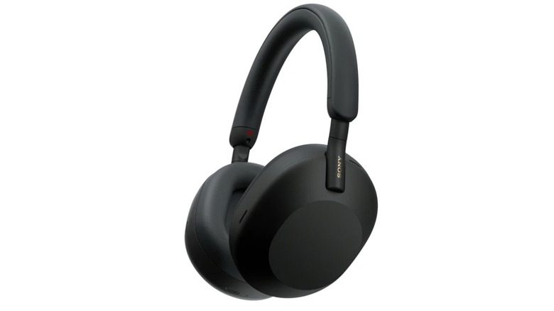 Sony WH-1000XM5 headphones facing sideways on a white background