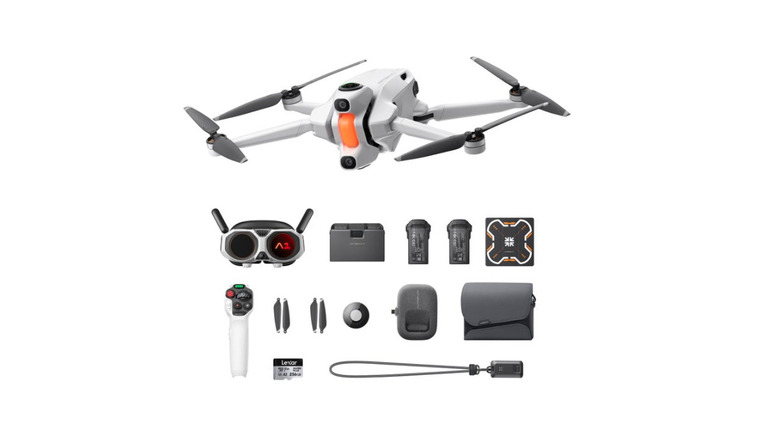 The Antigravity A1 drone in flight, on a gray background.