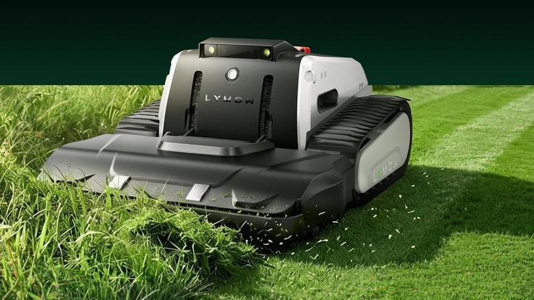 The Lymow One Plus robot lawn mower, cutting grass.