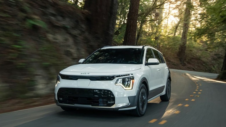 The 2025 Kia Niro Electric moving along a road.