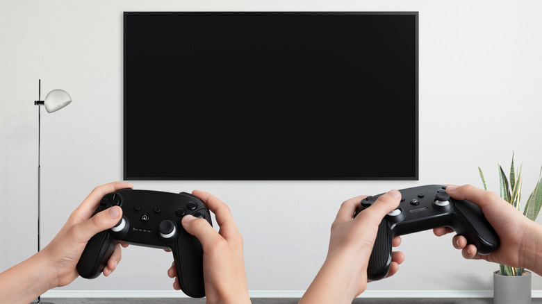 Two players holding a gamepad in front of the TV