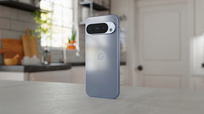 A Google Pixel 10 Pro XL on a white countertop.