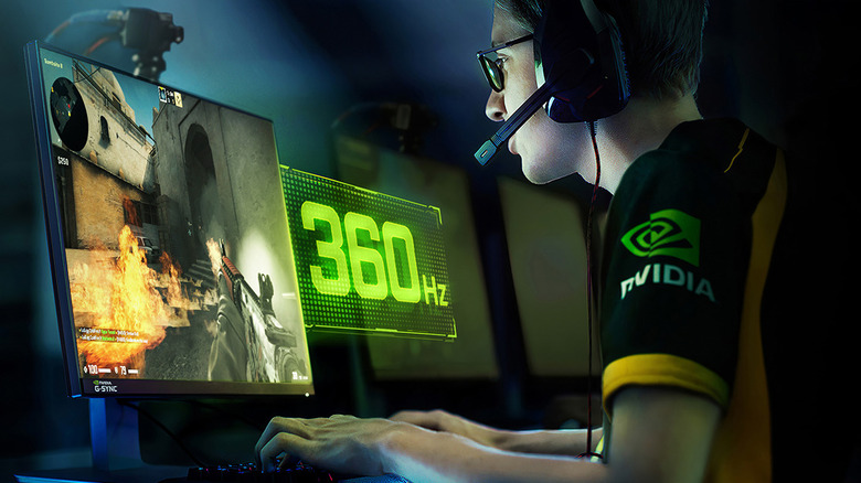 A person playing on a 360-hertz monitor with a small indicator of G-Sync being actively used