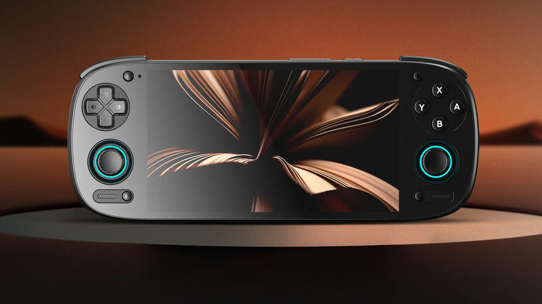 The Retroid Pocket 5 on a display shelf with a fancy background.