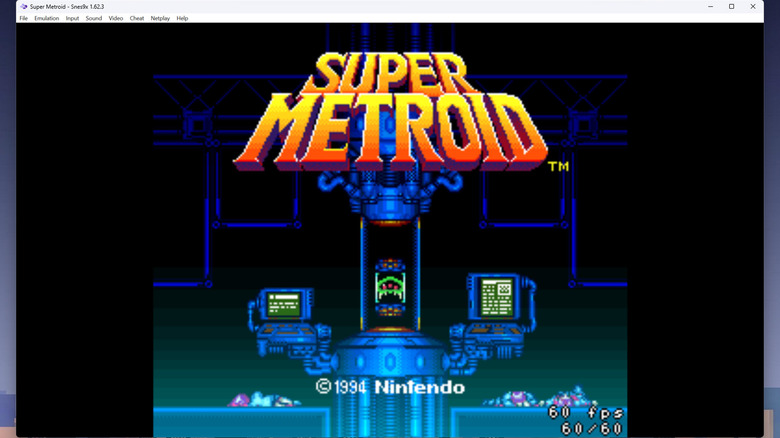 The SNES9X emulator running Super Metroid on a laptop.
