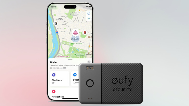 SmartTrack Card shown with iPhone Find My tracking screen.