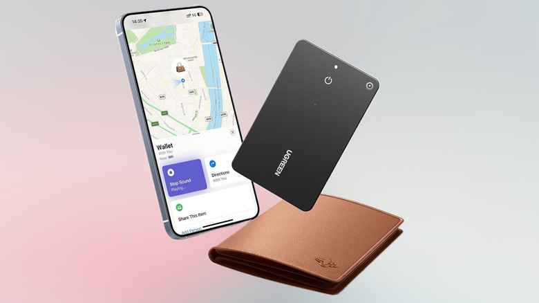 Ugreen's slim wallet tracker shown with a wallet and an iPhone tracking screen.