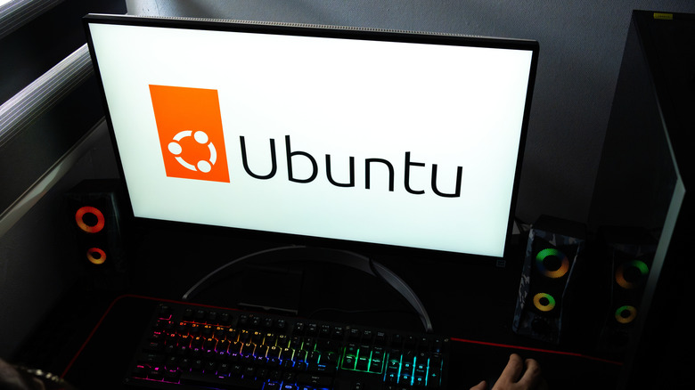 person on a workstation with the monitor displaying the Ubuntu logo