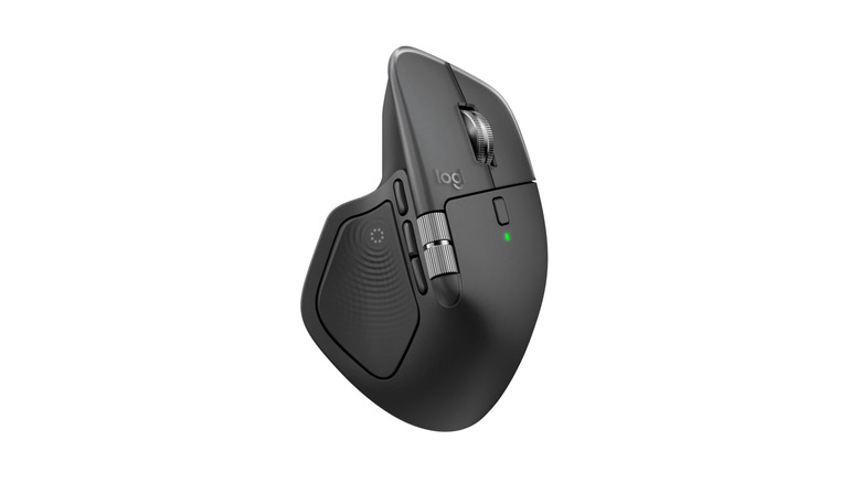 Black MX Master 4 mouse angled sideview