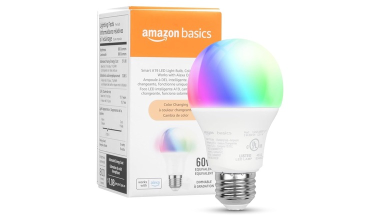 The Amazon Basics A19 LED smart light bulb with its box, against a white background.