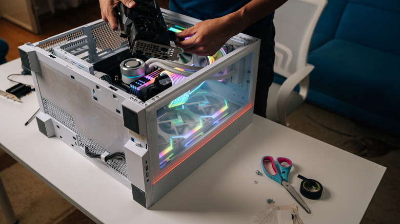 A gaming PC opened up for a GPU installation