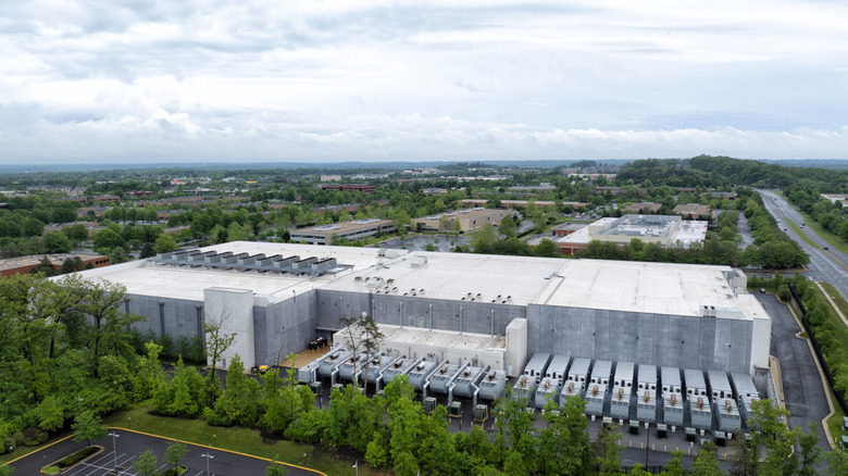 Aerial view of a data center facility from the outside.