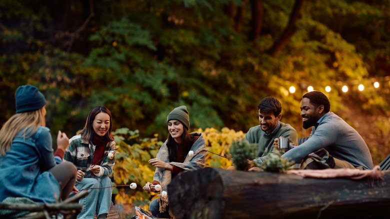A group of people roasting marshmallows at a campsite