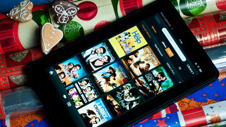 One of Amazon's Kindle Fire tablets with several popular videos showing on it