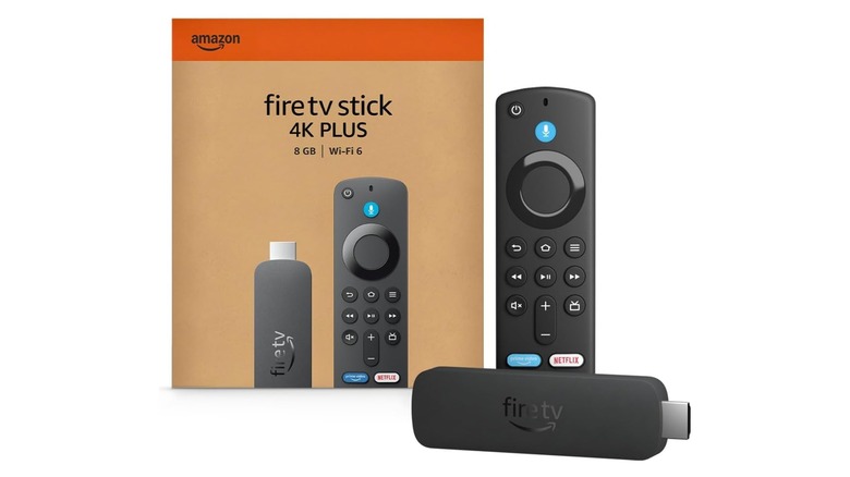 An Amazon Promotional photo for the Fire TV Stick 4K Plus, the image shows the remote, the device, and its box