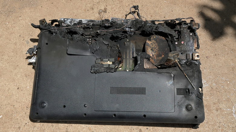 A laptop seen after a thermal runaway fire in its lithium-ion battery pack