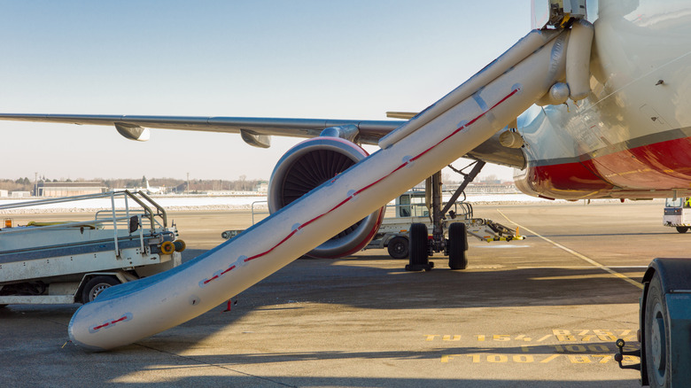 Activated emergency evacuation slide on a plane