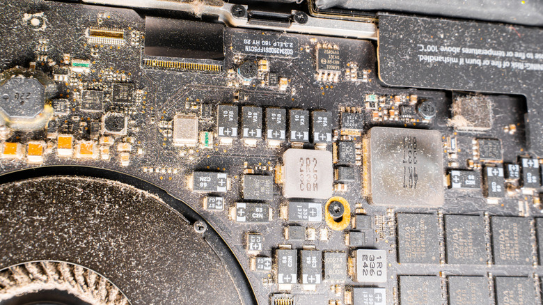 Dust on a laptop's internal circuit