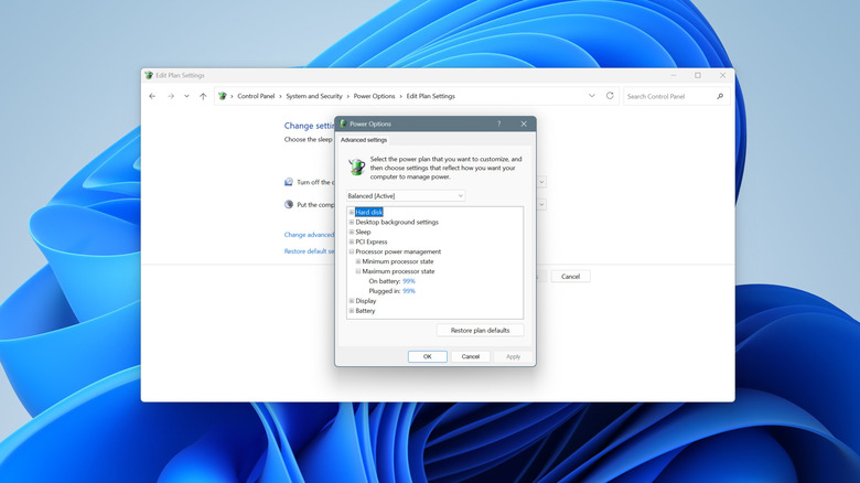 Adjusting processor power management settings in the control panel on Windows 11