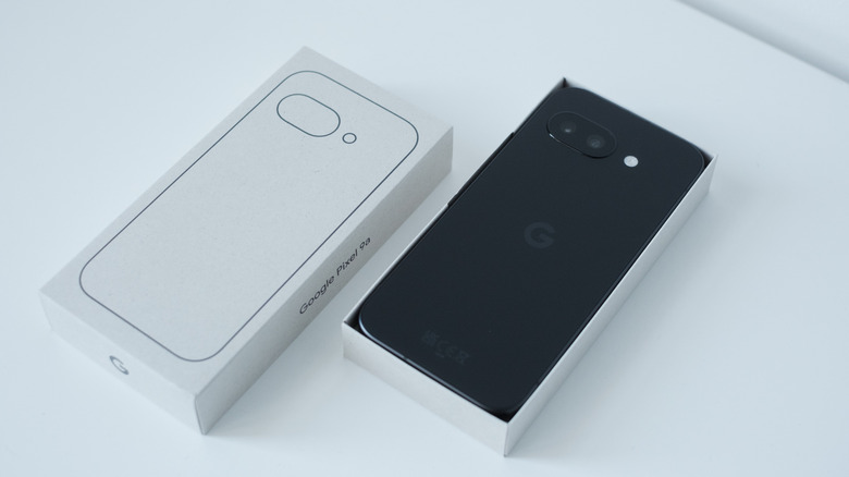 The Pixel 9a in its retail box.