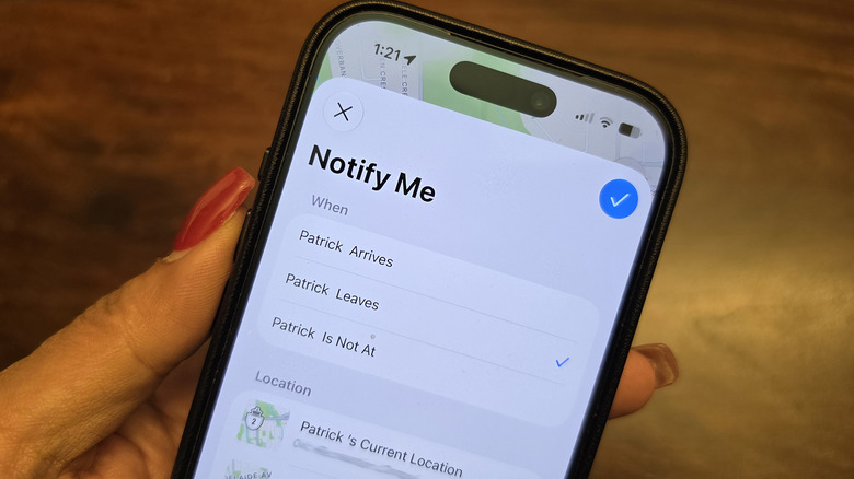 Close-up of Find My on iPhone showing Notify Me when someone leaves a specific location.