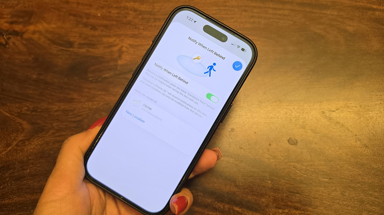 An iPhone showing the Notify When Left Behind menu in Find My.
