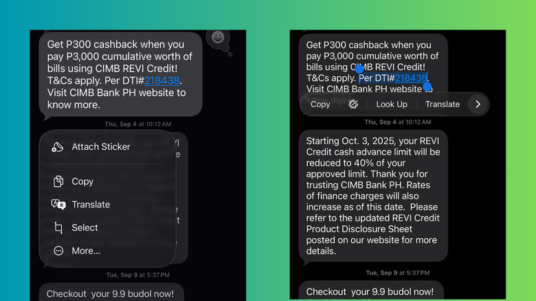 Selecting specific text in iPhone Messages on iOS 26