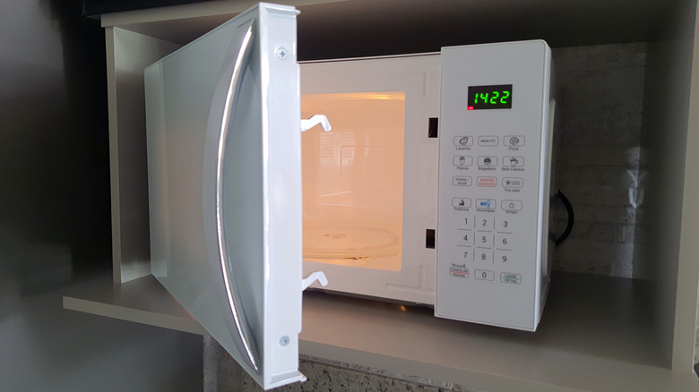 Opened microwave on a shelf