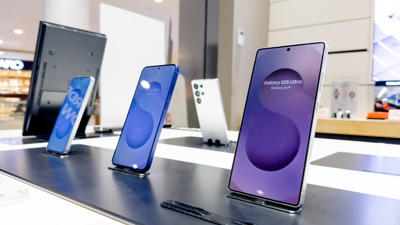 samsung galaxy phones displayed in a shop