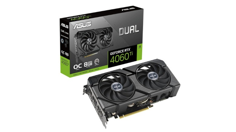 stock image of the ASUS GeForce RTX 4060 Ti and box on a white background
