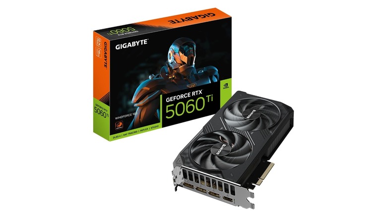 stock image of the GIGABYTE GeForce RTX 5060 Ti on a white background