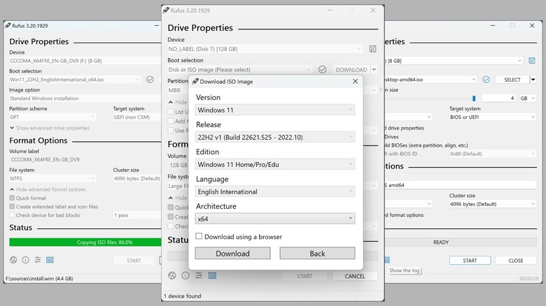 Rufus screenshot composite showing different settings and screens